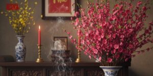 Hoa đào Chưng Bàn Thờ Ngày Tết